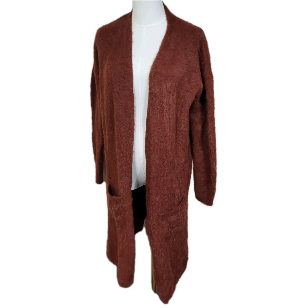 Angie Cardigan Sweater Womens Medium Brown Fuzzy Knit Longline Open Pockets